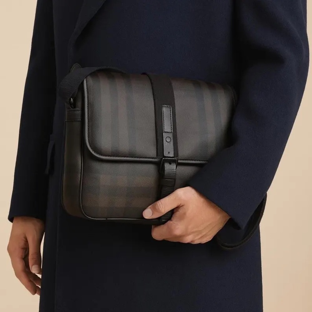 Burberry Check Messenger Bag – Waxed Canvas & Leather Trim
